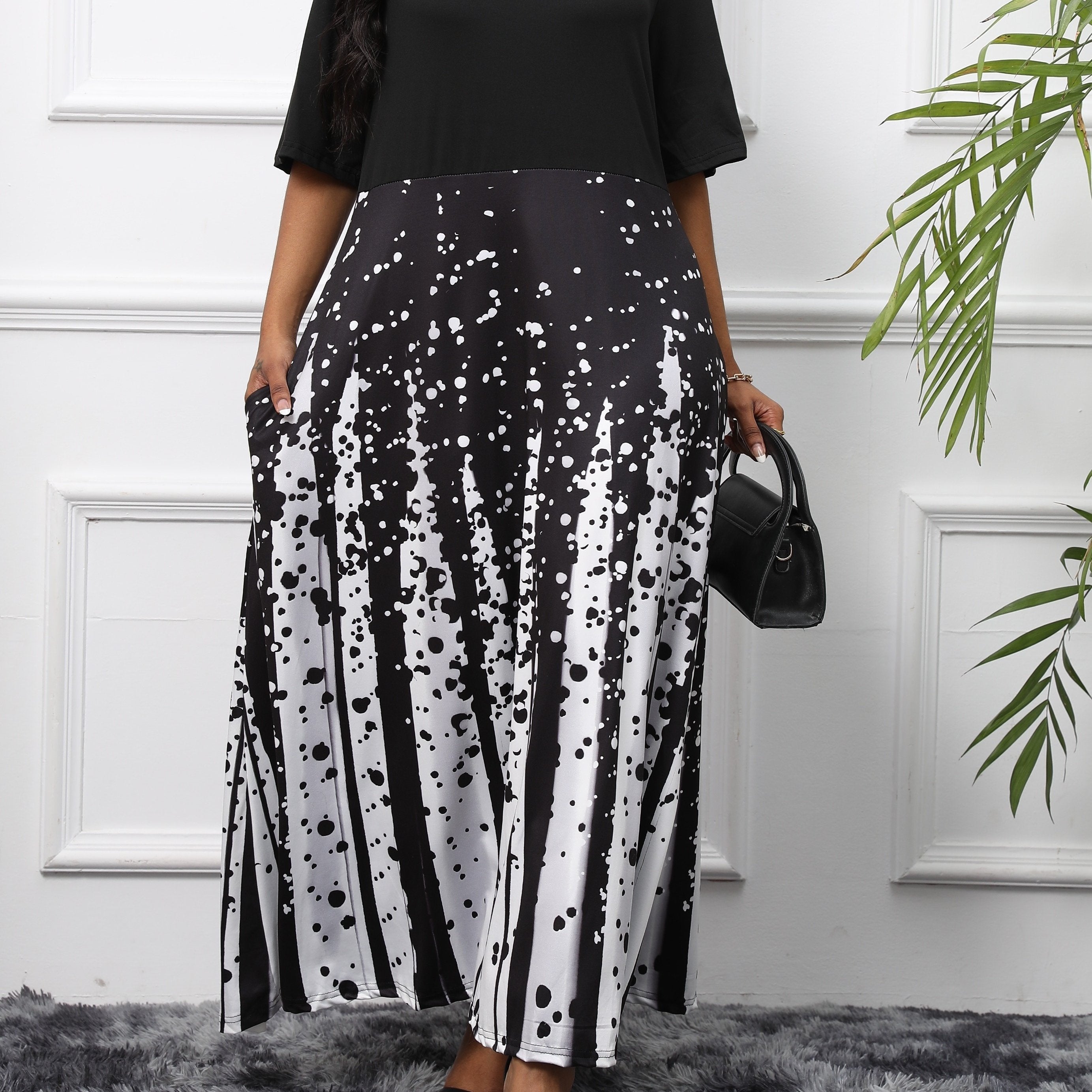  Colorblock Print Maxi Dress With Pockets