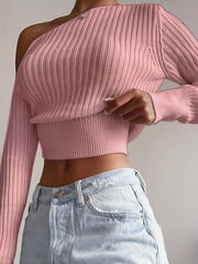Ribbed Asymmetrical Neck Knit Crop Sweater