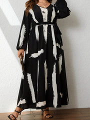  Brush Print Lantern Sleeve Maxi Dress With Belt