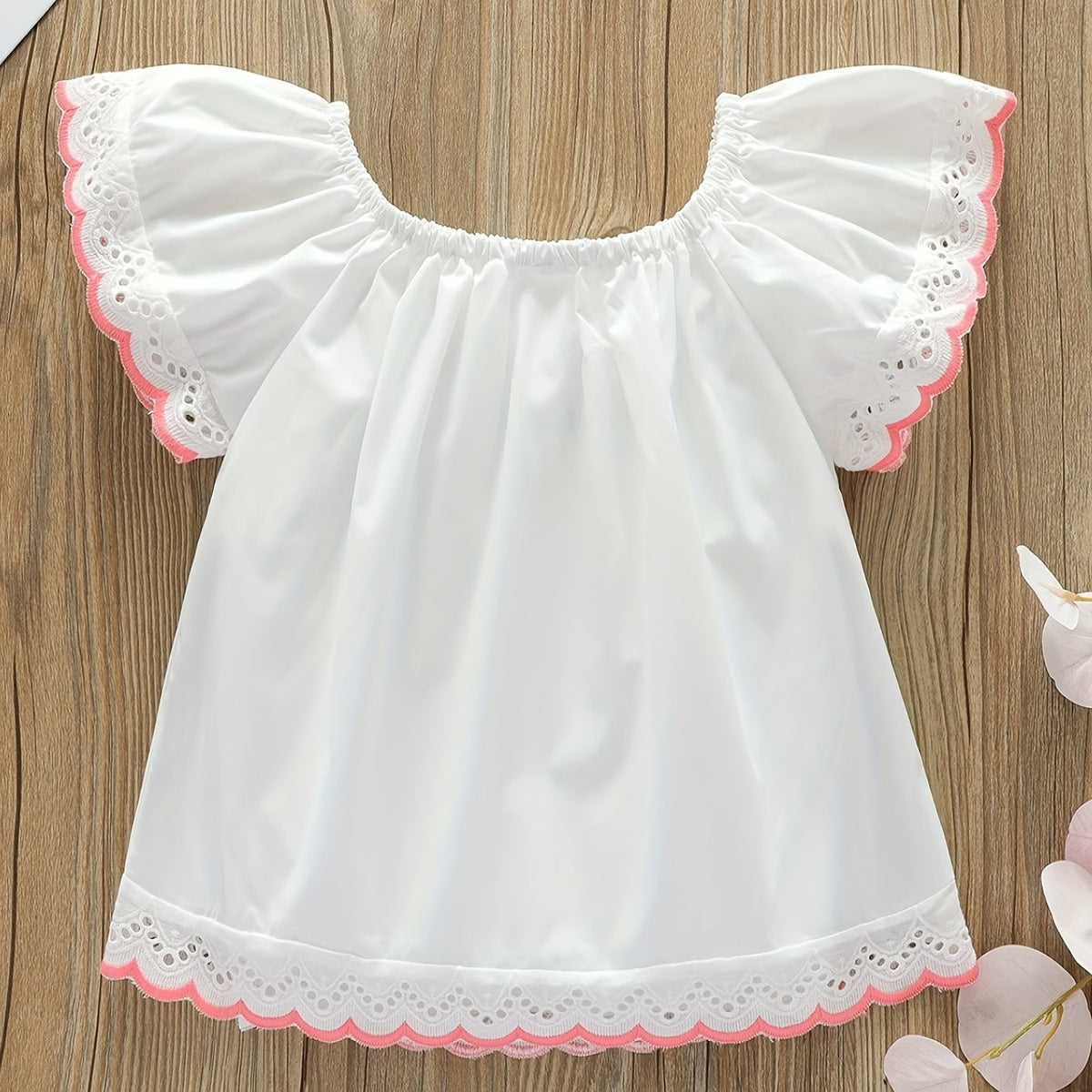 Girls Summer Embroidery Cut Out Lace Small Flying Sleeve Blouse