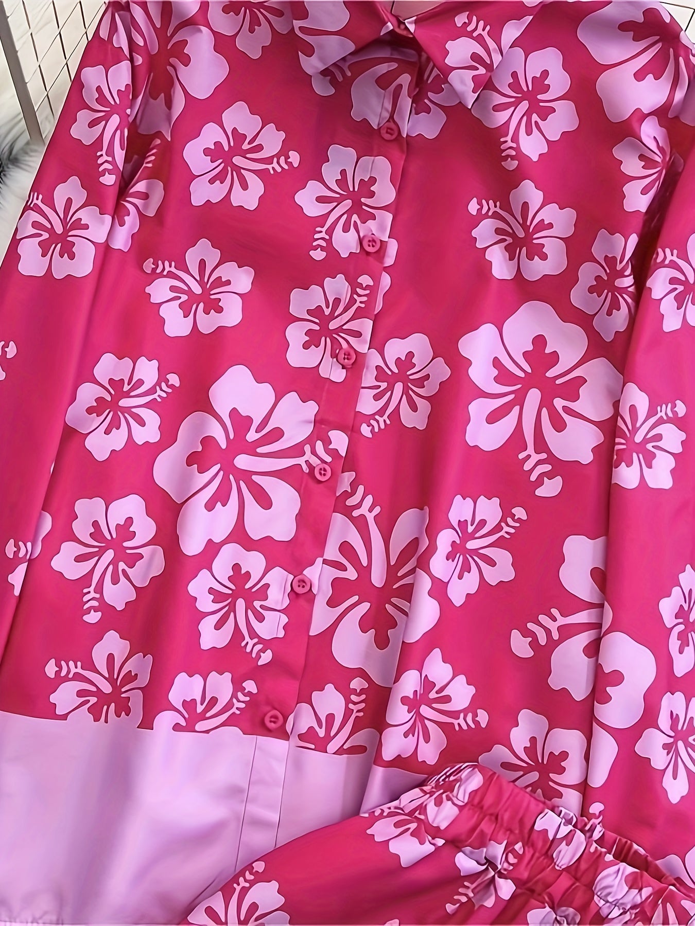  Floral Print Shirt & Pants Two Piece Set