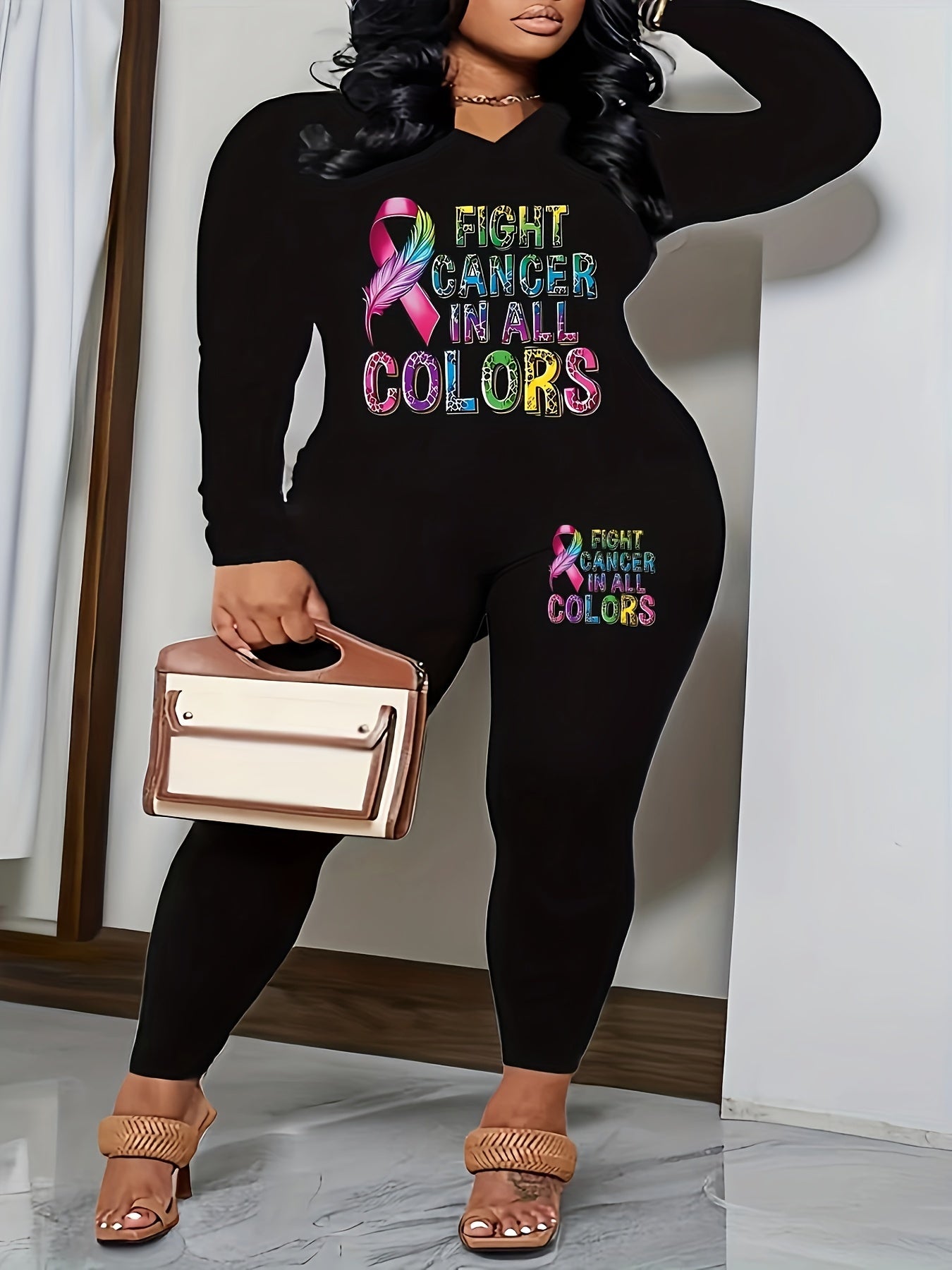 Women's Plus Top & Leggings Set Feather & Slogan Print Long Sleeve V Neck 2pc