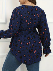  Leopard Print Flounce Sleeve V Neck Peplum Top