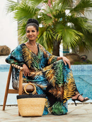  Boho Tropical Print Kaftan Dress V Neck Split Maxi Beach Dress
