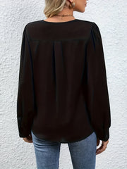  Solid Plicated Detail Long Sleeve V Neck Top