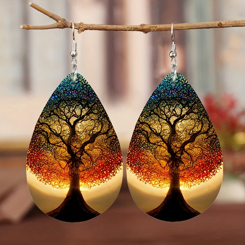 Tree Of Life Teardrop Dangle Earrings Bohemian Style PU Leather Jewelry