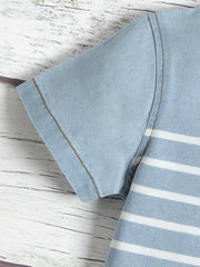 Boys Striped Denim Lapel Shirt Short Sleeve Button Down Tee