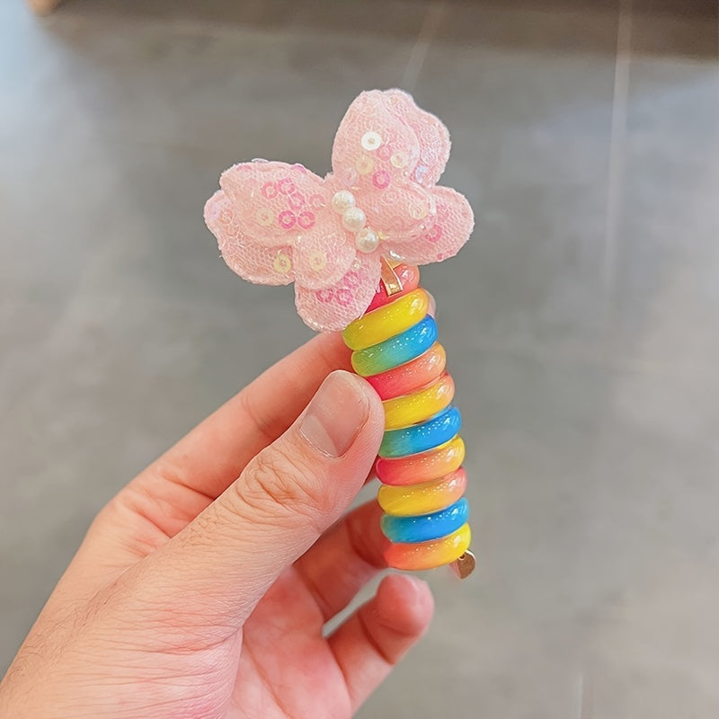 Gradient Phone Cord Hair Tie Fresh Flower & Butterfly Decor
