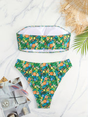  Boho Bikini Set Floral Print Tube Bra & High Waisted Panty Swimsuit