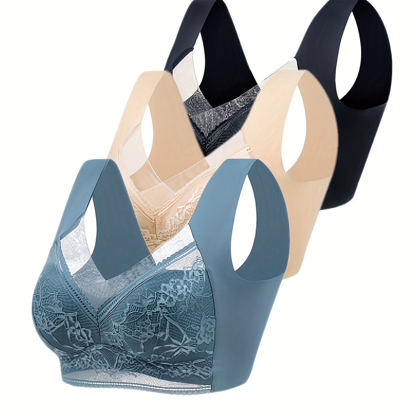 3pcs Lace Wireless Bras Comfy Push Up Women's Lingerie