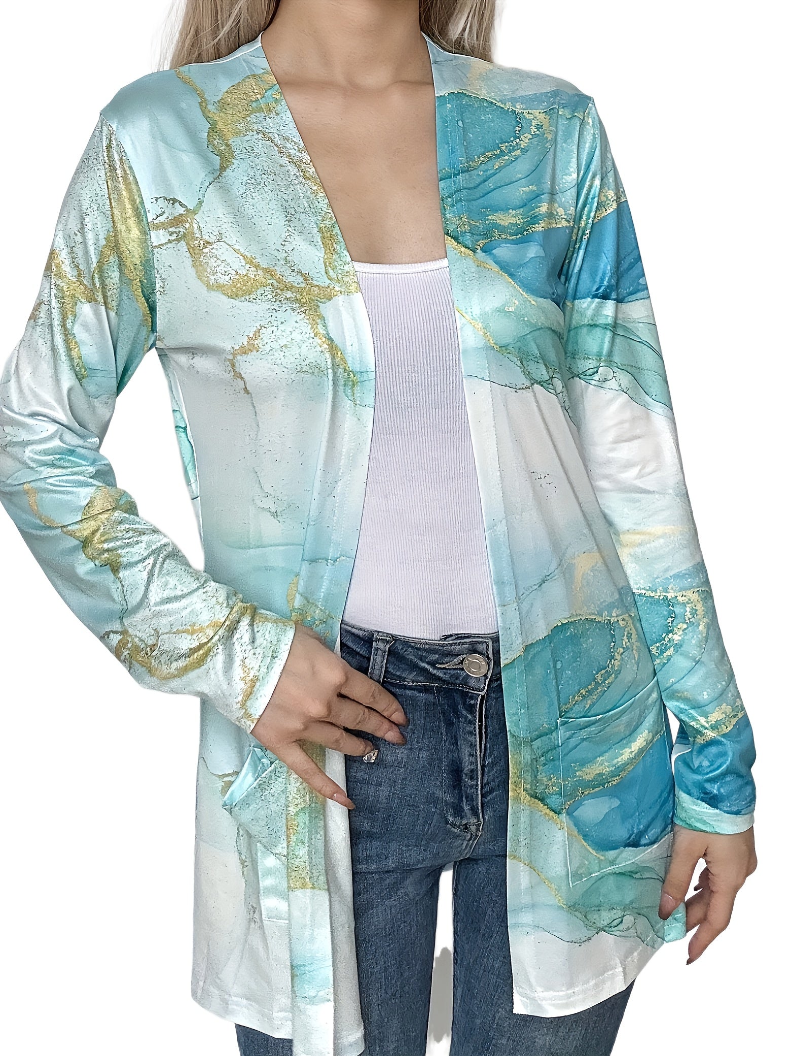  Glitter Marble Print Long Sleeve Open Front Cardigan