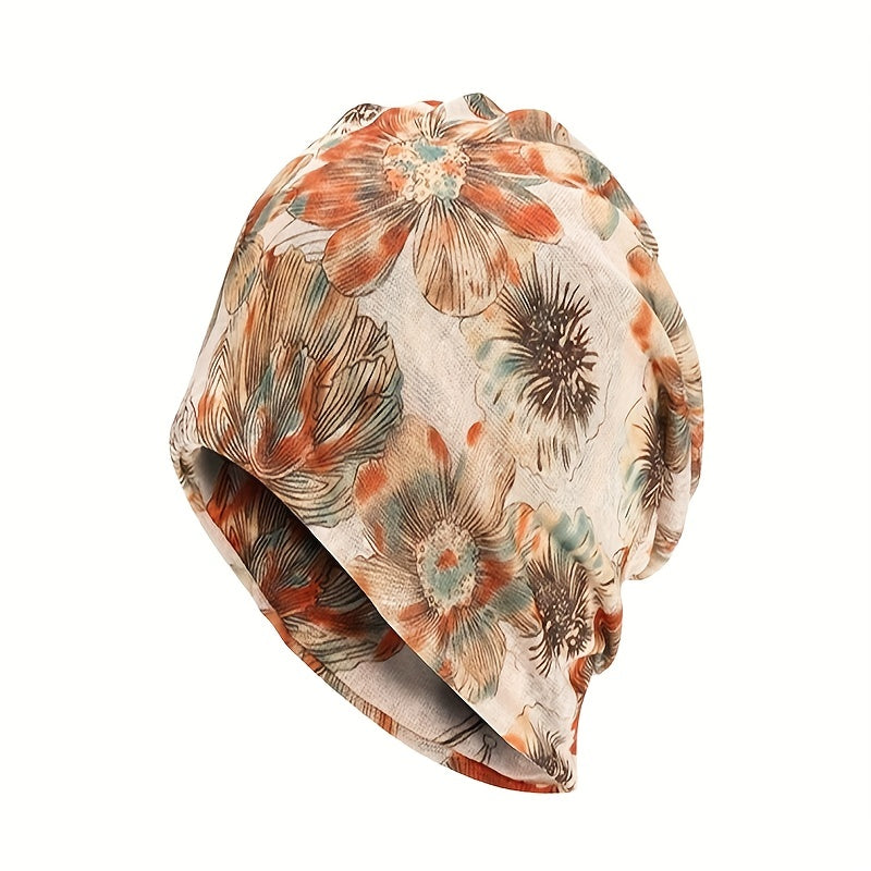 Vintage Flower Print Beanie Lightweight Skull Hat Elastic Headband