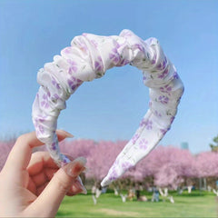 Floral Print Ruched Ruffled Headband Sweet Headdress Wide Head Hoop