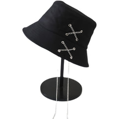Metal Chain Decor Bucket Hat Solid Casual Sun Hat Unisex Fisherman Cap