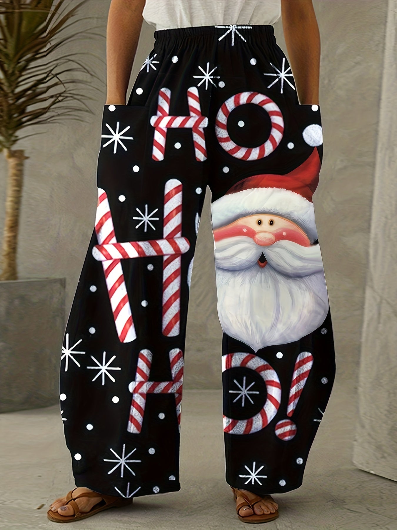  Santa & Snowflake Print Wide Leg Pants
