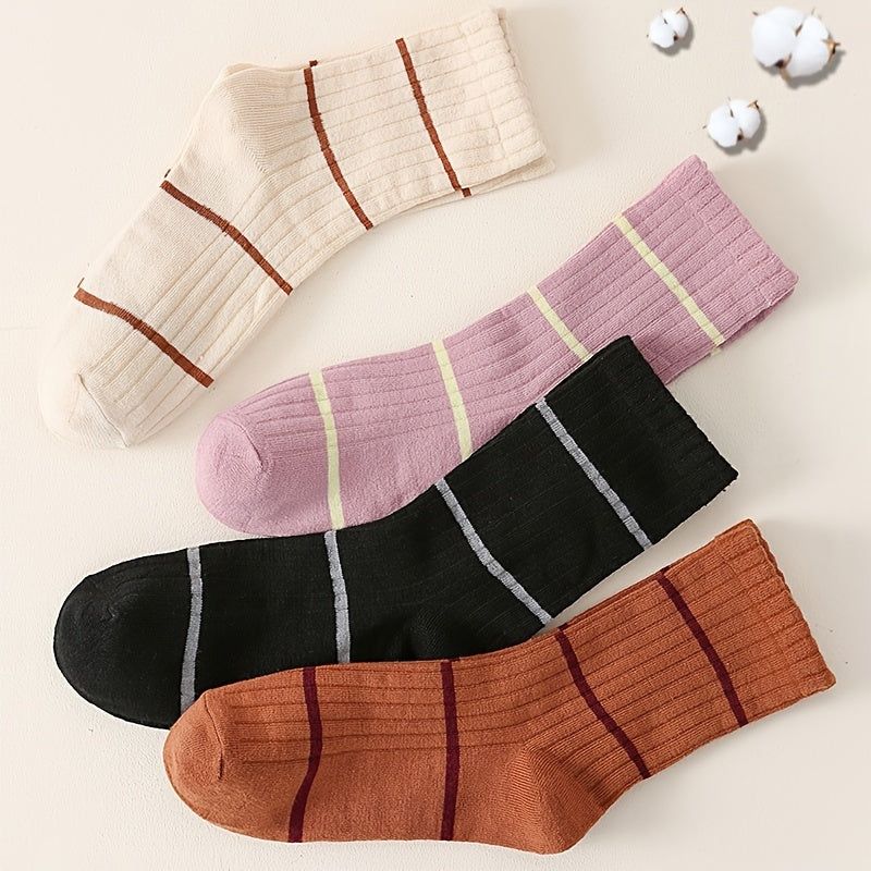 Set of 4 Comfy Retro Striped Crew Socks Women's Stockings