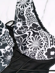  Floral Print Lace Up Back Tankini Set