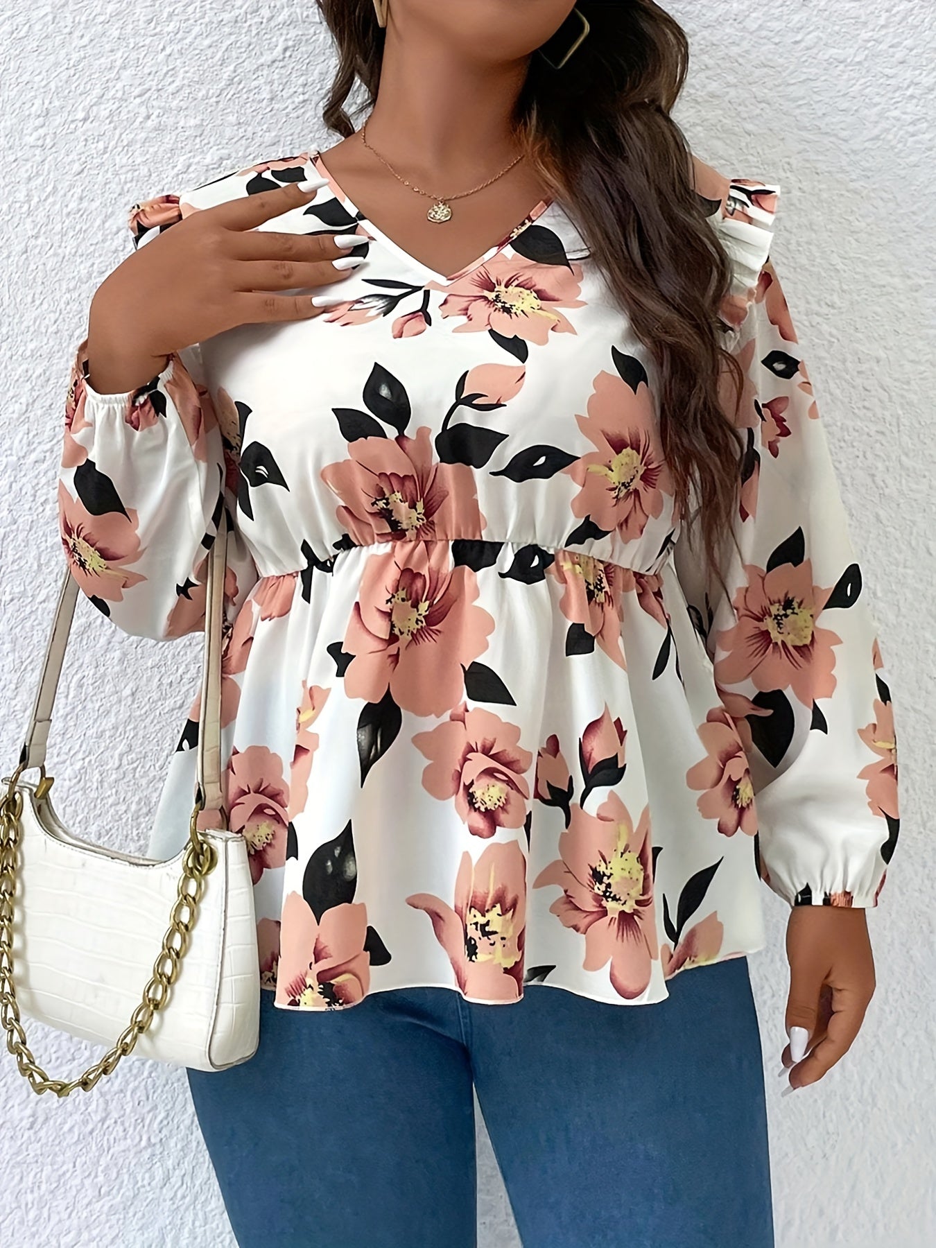  Floral Print Lantern Sleeve V Neck Ruffle Trim Bow Blouse