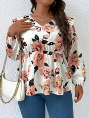 Floral Print Lantern Sleeve V Neck Ruffle Trim Bow Blouse
