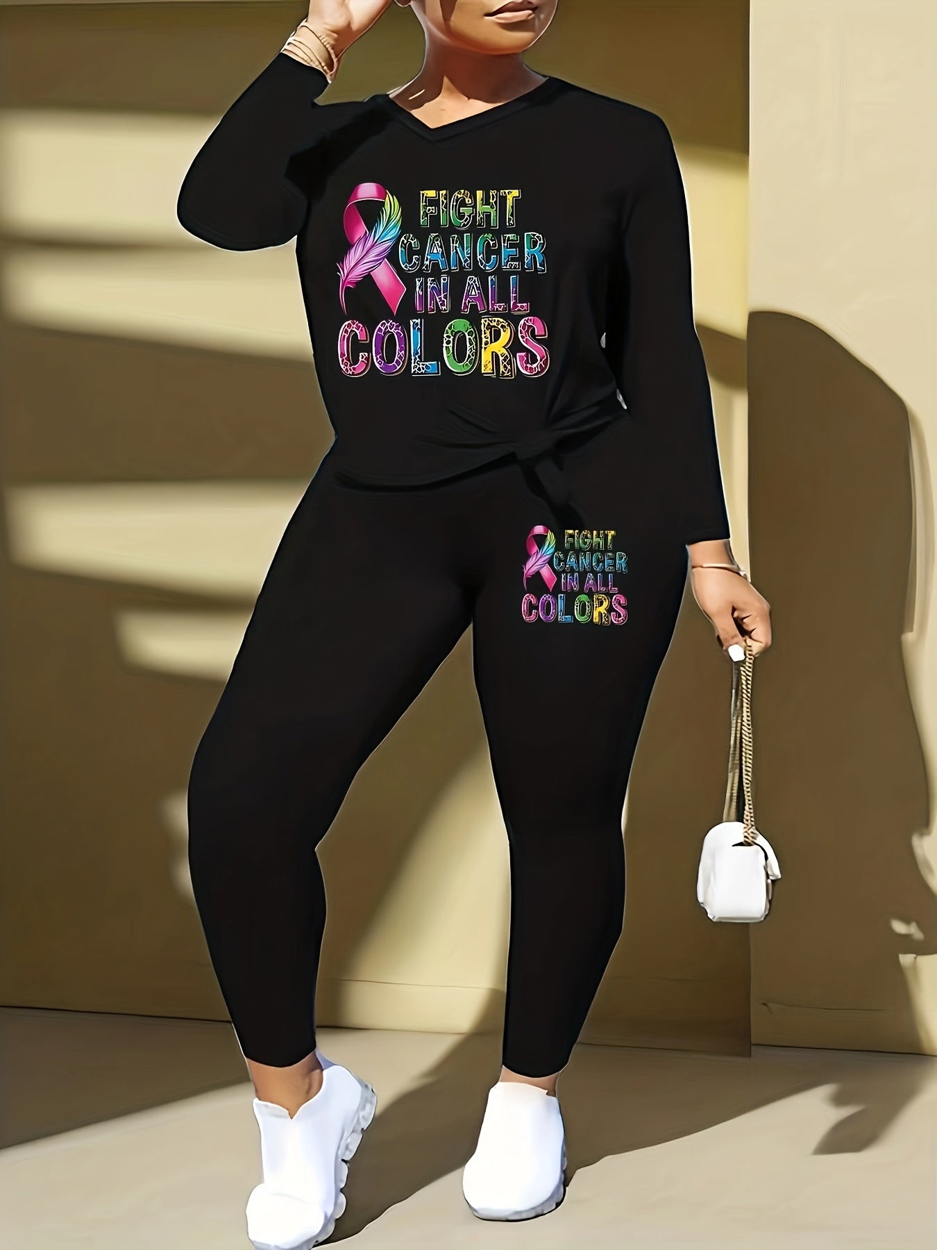 Women's Plus Top & Leggings Set Feather & Slogan Print Long Sleeve V Neck 2pc