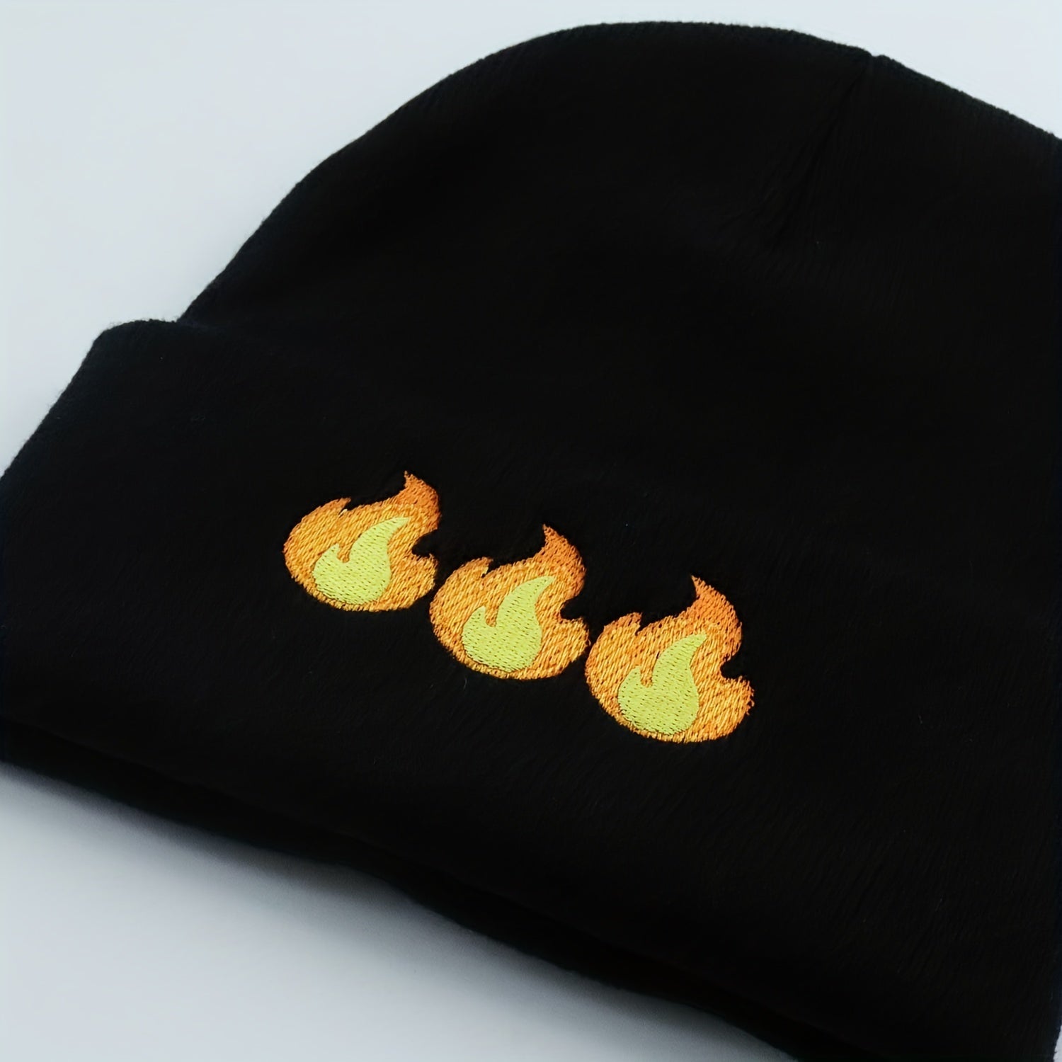 Flame Embroidered Beanie Hip Hop Knitted Warm Skull Cap