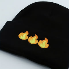 Flame Embroidered Beanie Hip Hop Knitted Warm Skull Cap