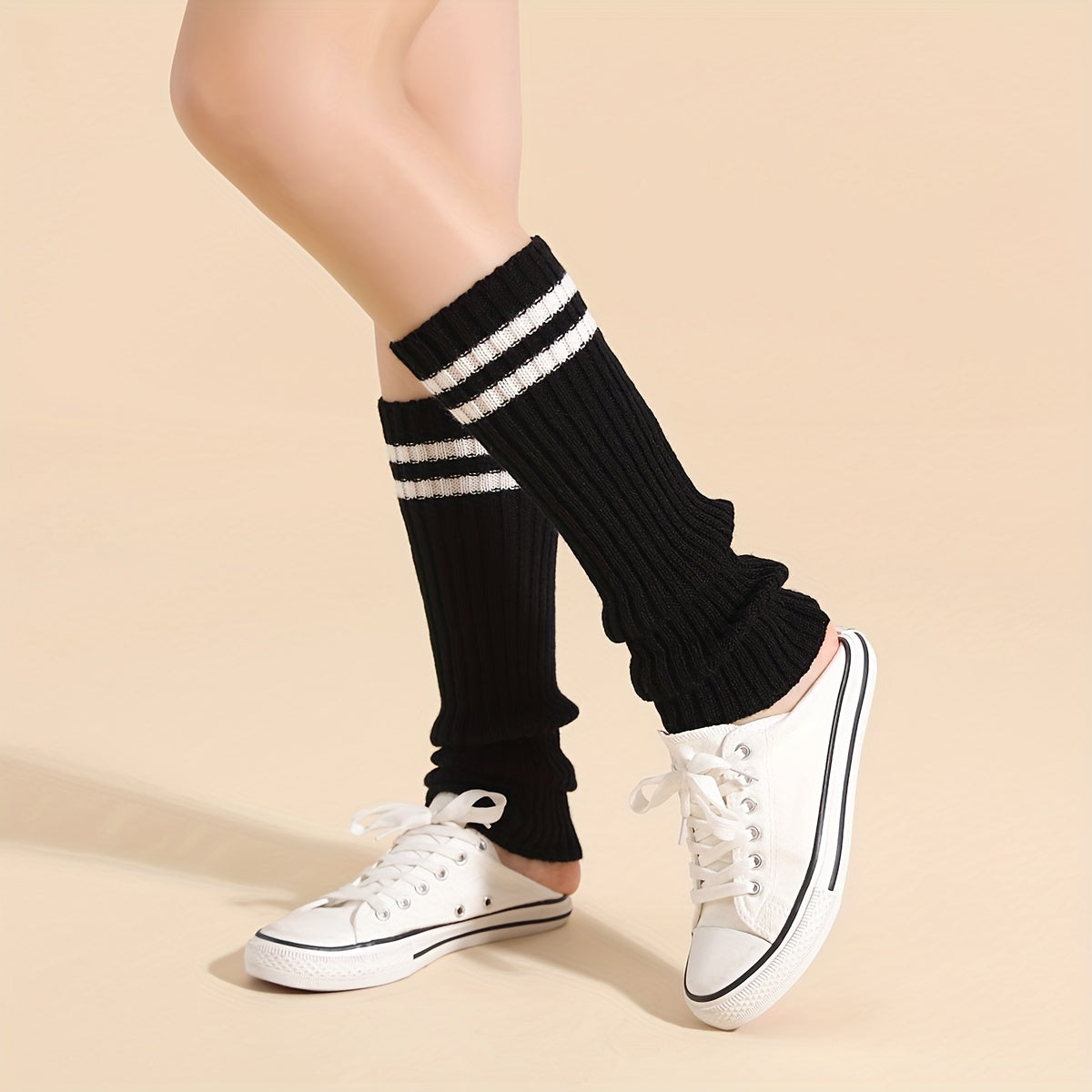 Striped Rib Knit Leg Warmers Knee High Socks Women's Stockings