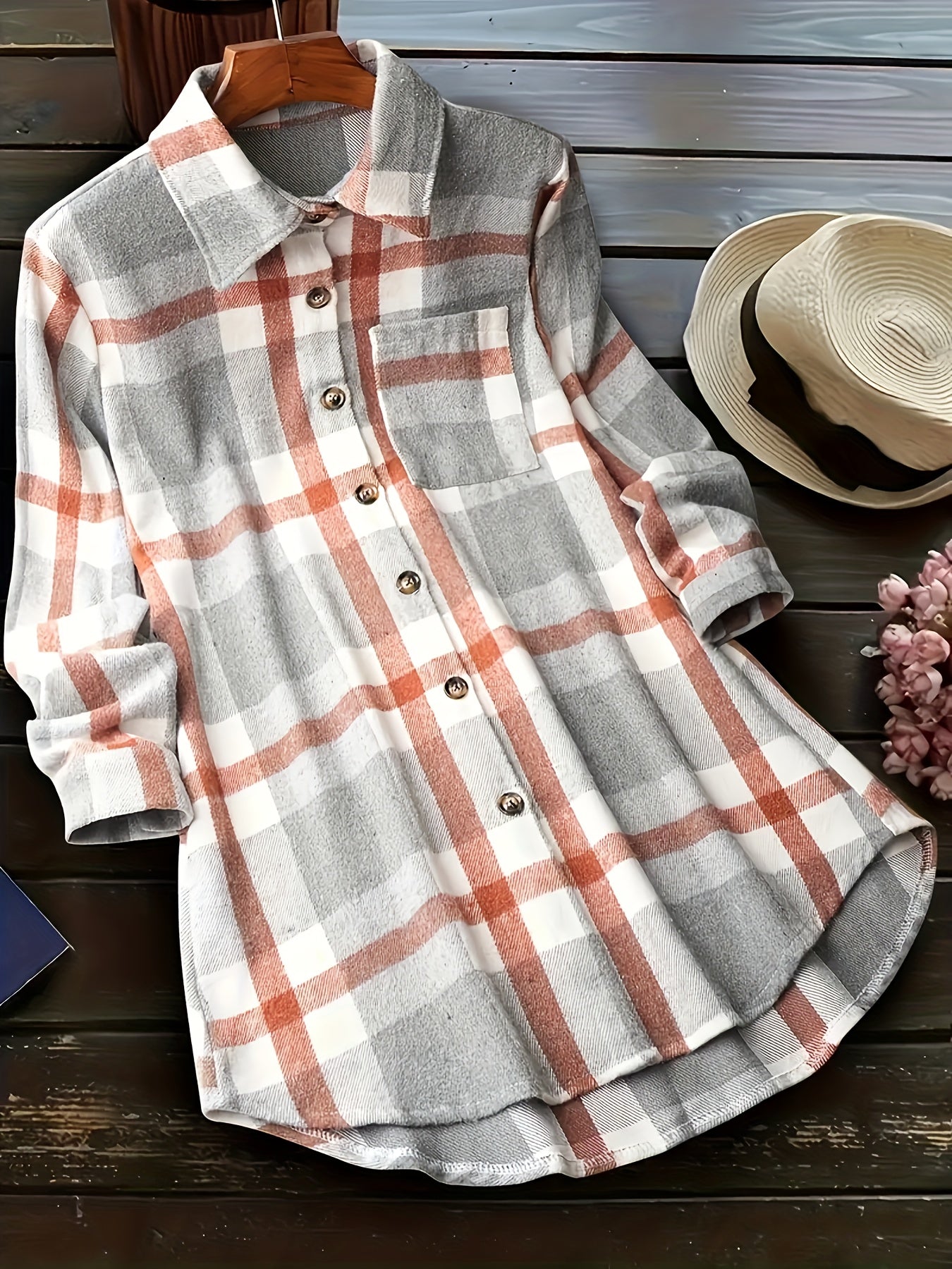  Plaid Print Button Up Long Sleeve Casual Blouse