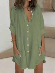  Solid Roll Up Sleeve Mock Neck Button Up Shirt Tunic Top