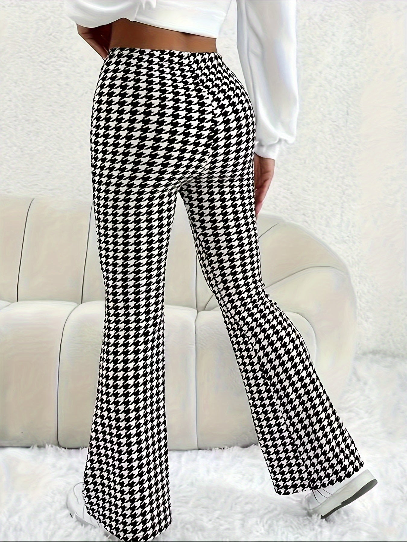 Women's Plus Houndstooth High Rise Flared Trousers