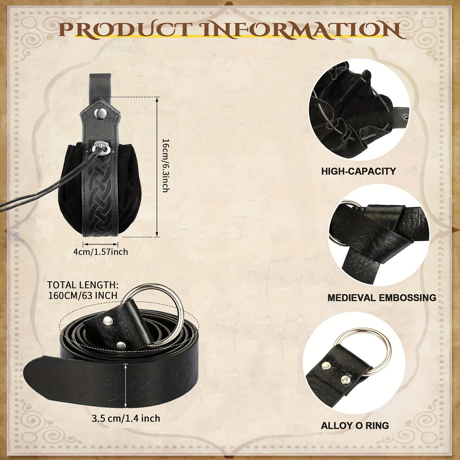 2pcs Medieval Viking Belt Faux Leather Belt Pouch Renaissance Cosplay Set