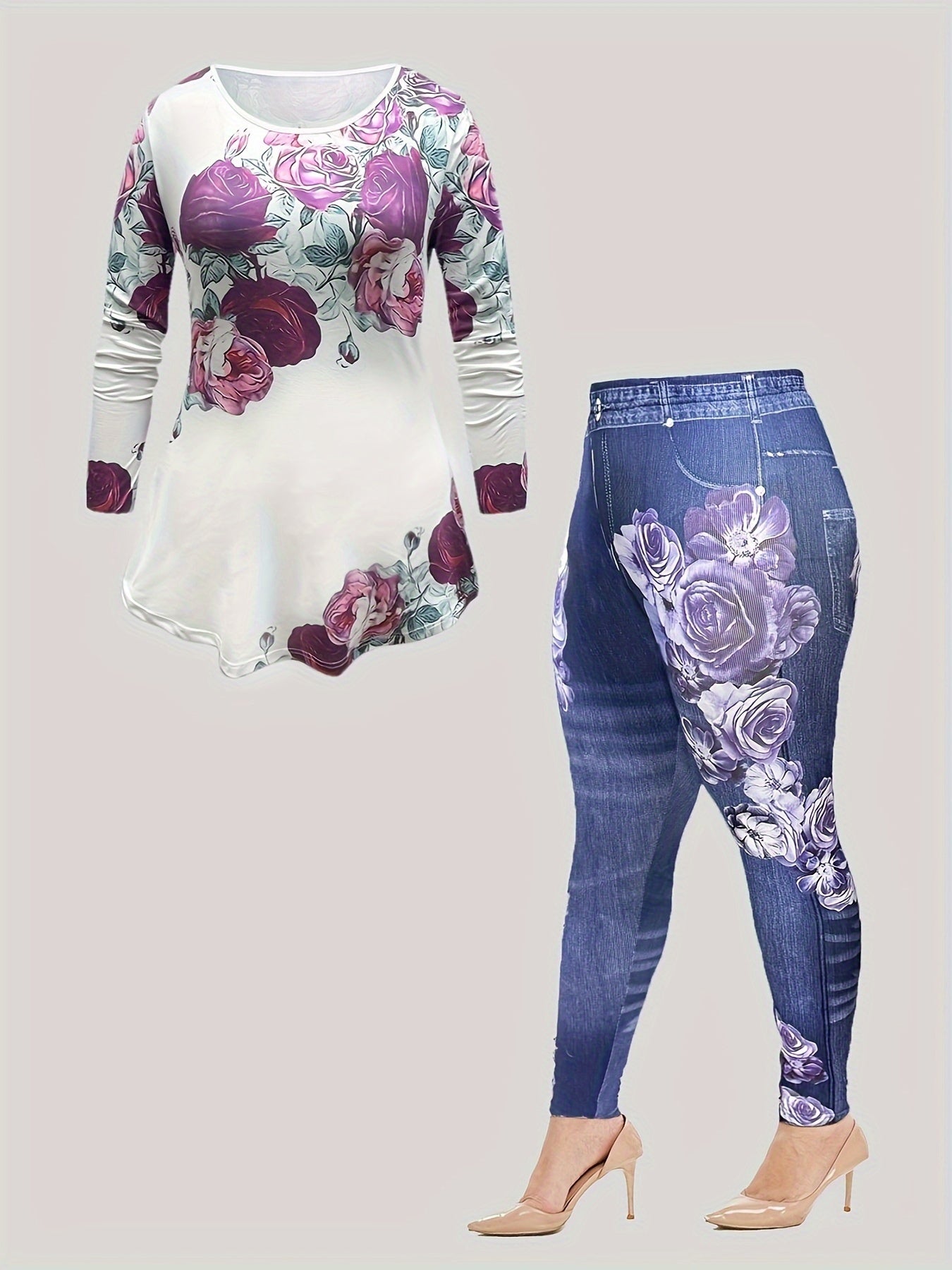  Floral Print Long Sleeve Top & Denim Leggings Set