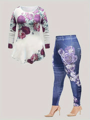  Floral Print Long Sleeve Top & Denim Leggings Set