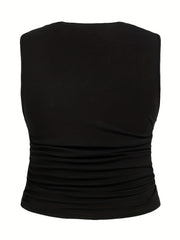  Solid Ruched Tank Top Round Neck Stretch Slim Fit