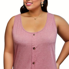  Casual Tank Top Women's Plus Solid Button Decor Round Neck Tank Top