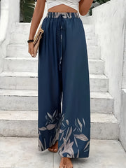 Women's Plus Floral Print Drawstring Elastic High Rise Wide Leg Trousers