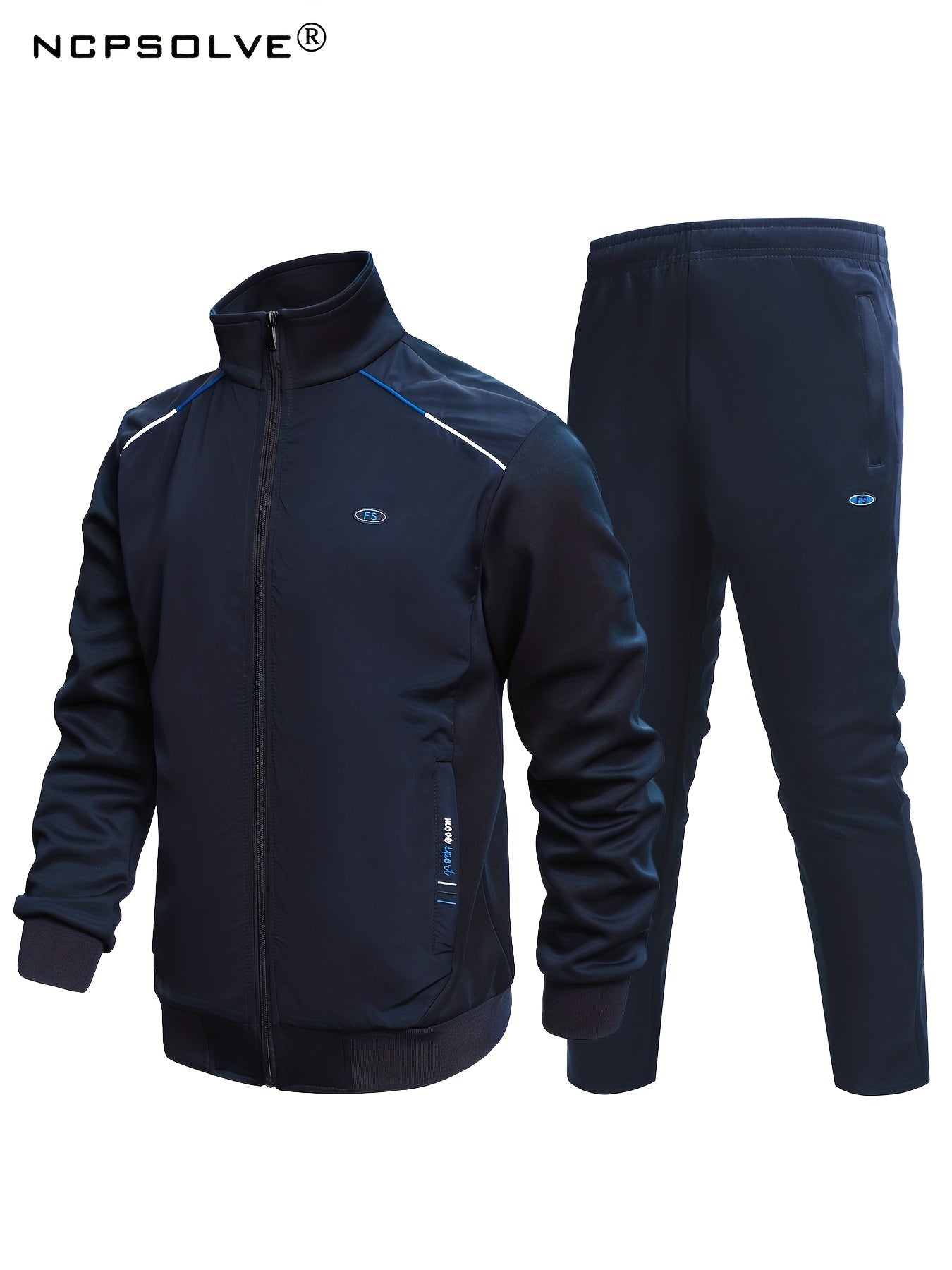 Men's Sports Suit Block Stand Collar Zip Up Jacket & Elastic Waist Pants