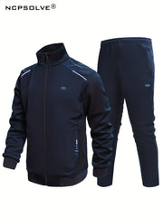 Men's Sports Suit Block Stand Collar Zip Up Jacket & Elastic Waist Pants