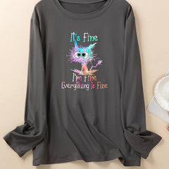  Cat & Ombre Slogan Print Long Sleeve Lounge Top