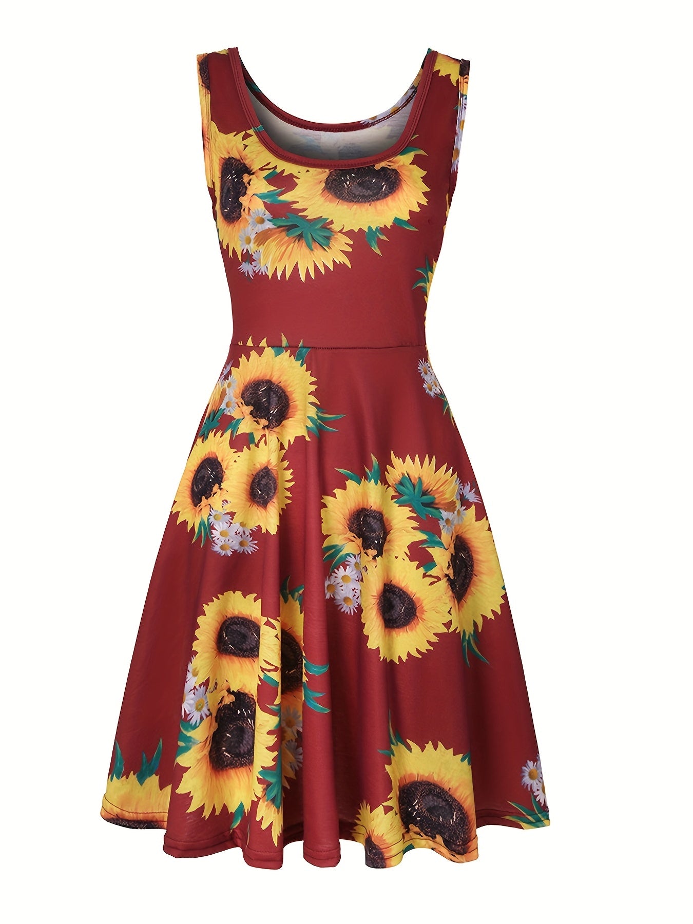  Sunflower Print Stretch Tank Dress