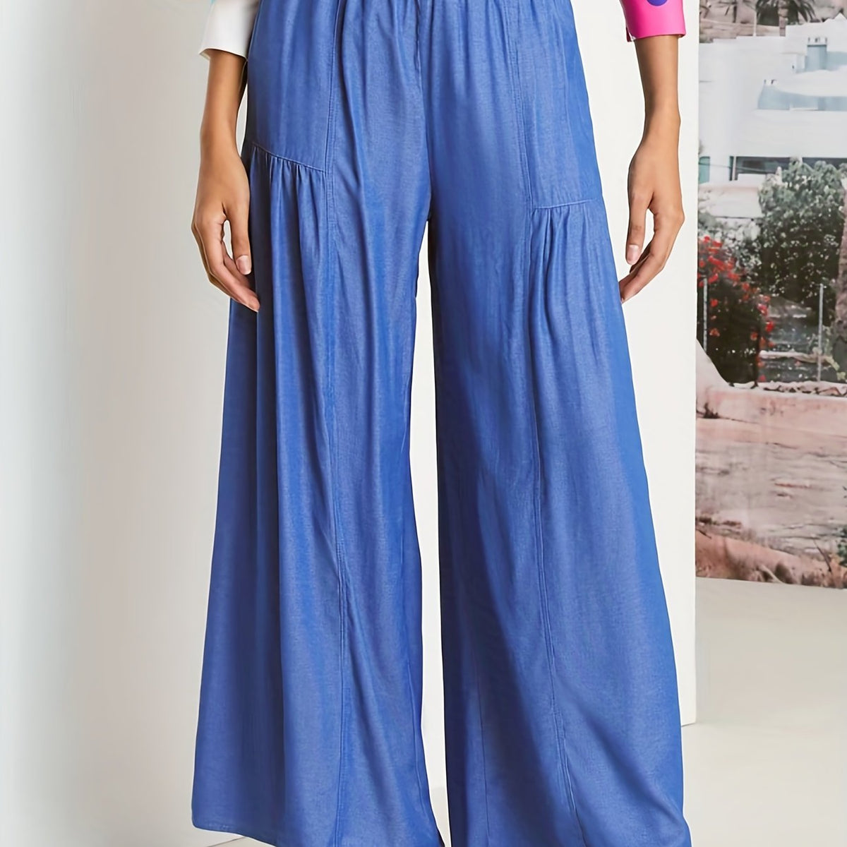  Denim Print High Rise Wide Leg Pants With Pockets