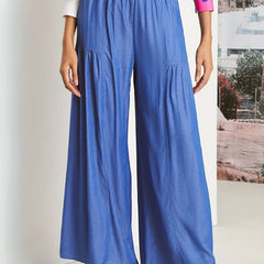  Denim Print High Rise Wide Leg Pants With Pockets