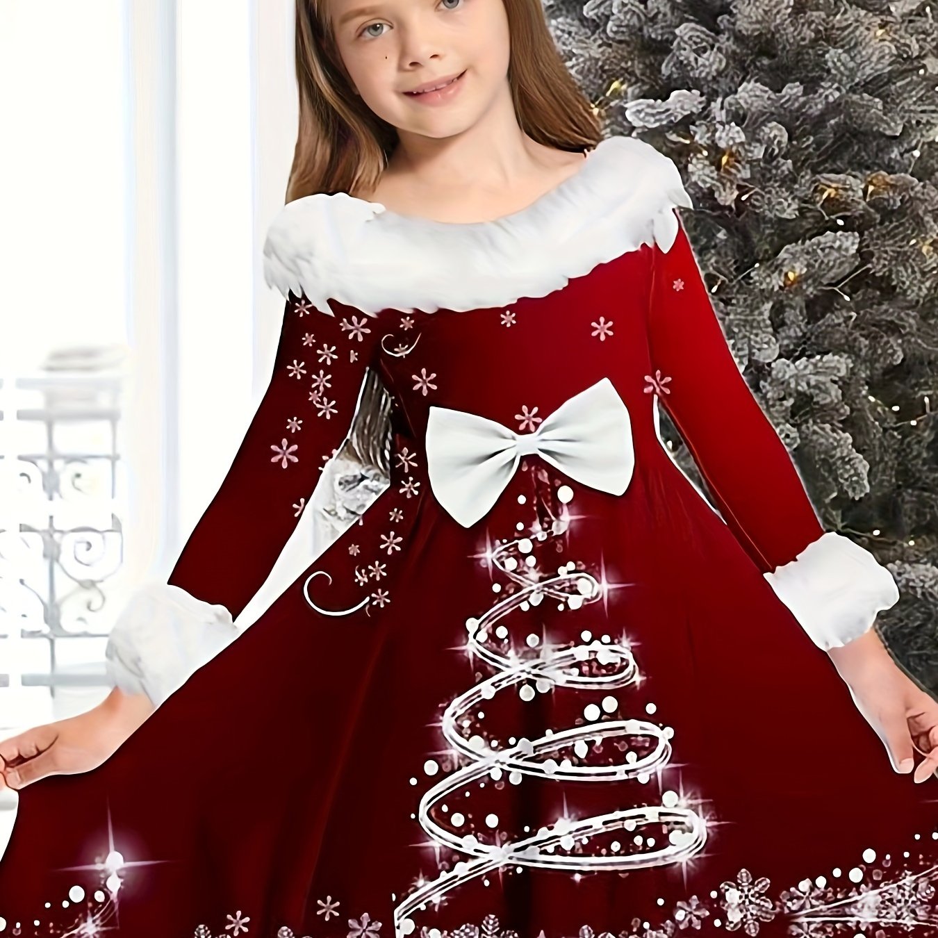 Girls Bow Christmas Tree Graphic Long Sleeve Dress
