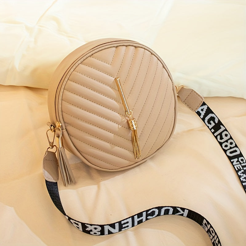 Chevron Quilted Round Bag Tassel Crossbody Bag Women's Small Circle Purse