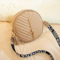 Chevron Quilted Round Bag Tassel Crossbody Bag Women's Small Circle Purse