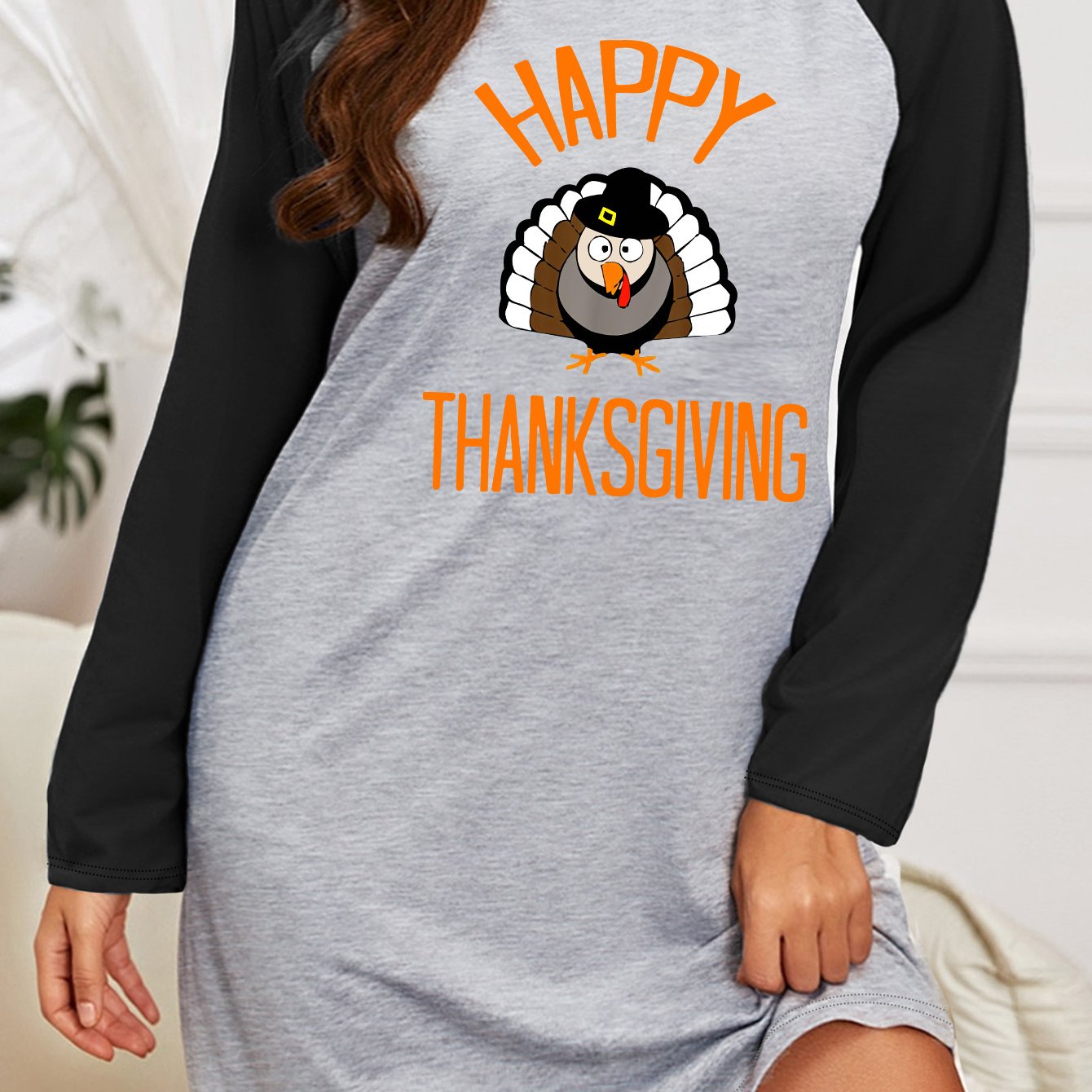  Turkey & Letter Print Raglan Sleeve Round Neck Stretch Sleep Dress