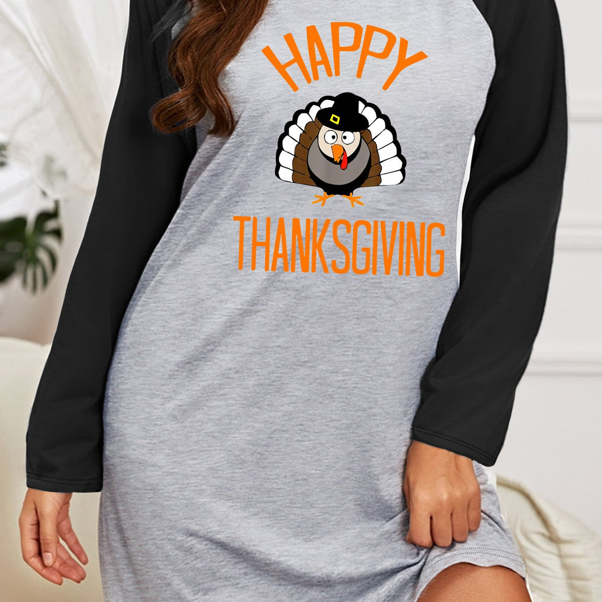  Turkey & Letter Print Raglan Sleeve Round Neck Stretch Sleep Dress