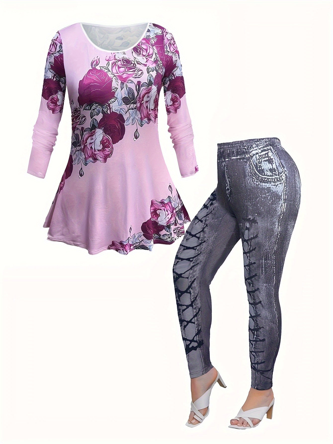  2 Piece Set Women's Floral Top & Denim Leggings Outfits
