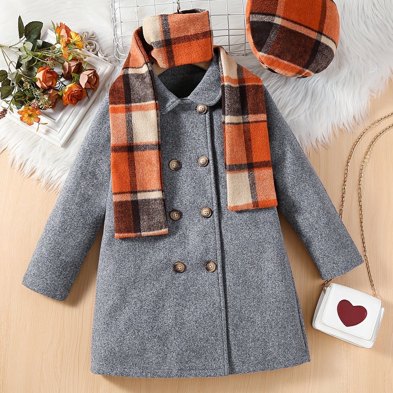 Girls Vintage Long Woolen Overcoat & Plaid Hat Scarf Set