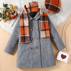 Girls Vintage Long Woolen Overcoat & Plaid Hat Scarf Set